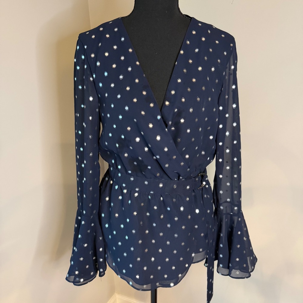 Saks Fifth Avenue Wrap Blouse Womens Small Navy Silver Metallic Polka Dot Bell